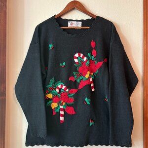 VTG Nutcracker Ugly Christmas Sweater Embroidered Candy Canes Poinsettias Holly